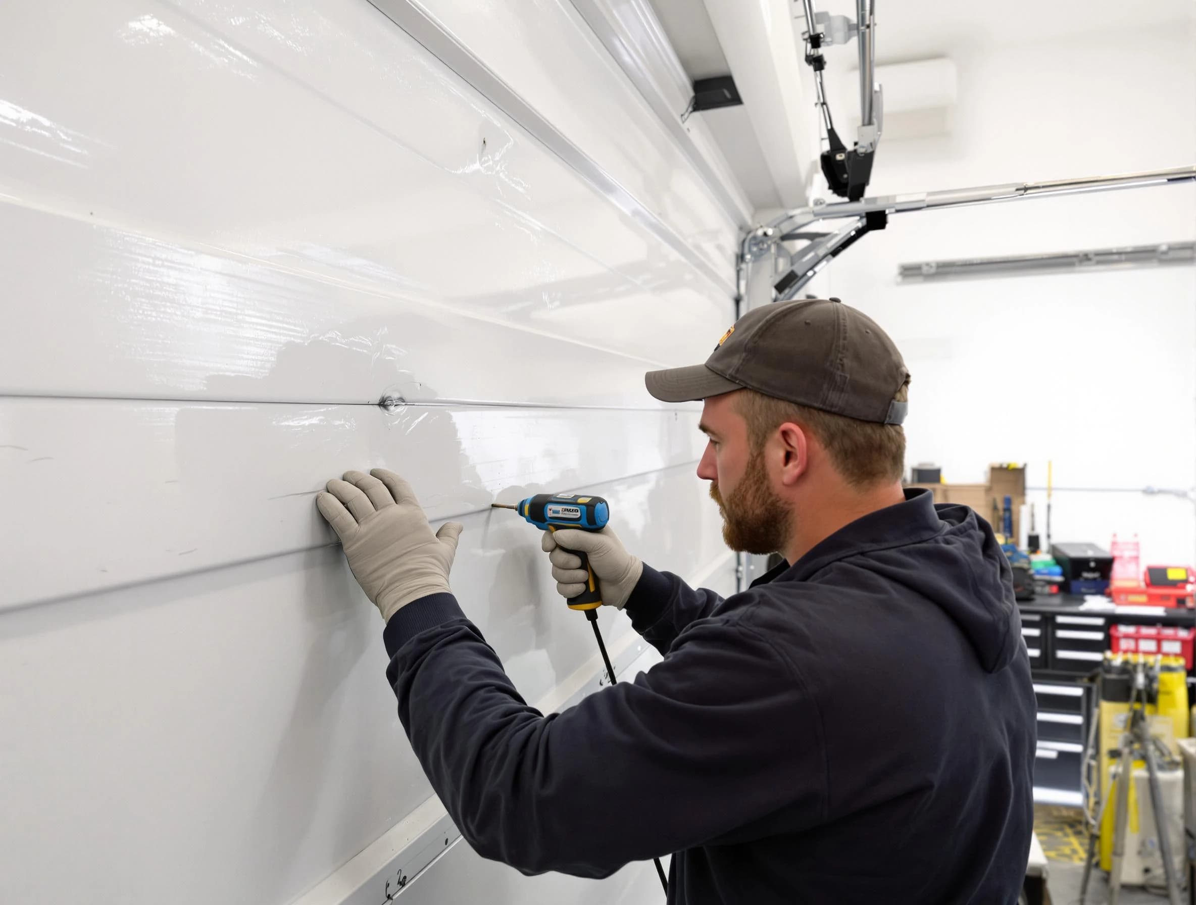 Elizabeth Garage Door Repair technician demonstrating precision dent removal techniques on a Elizabeth garage door